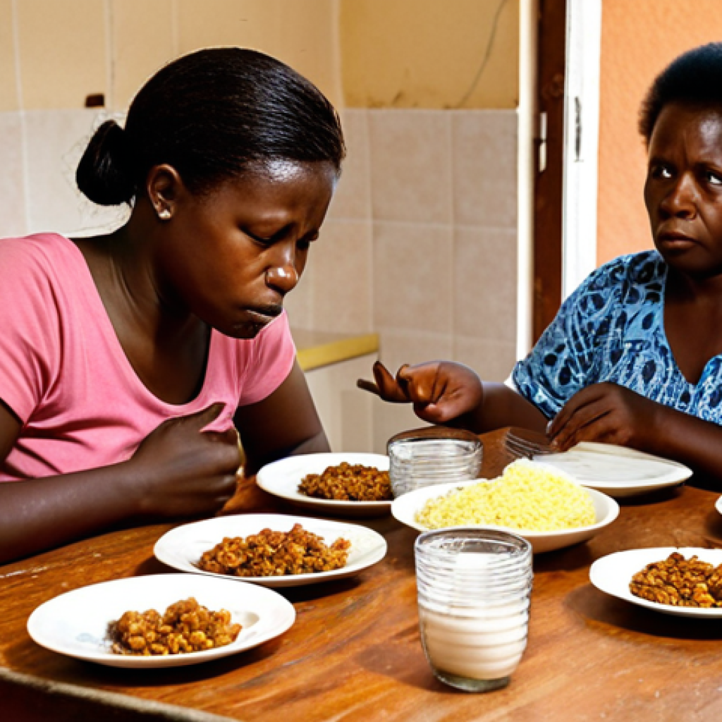 **Image Prompt for Household Economic Struggles**:
   "A family in Guinea struggling with their finances at home. Show a kitchen table with bills and empty plates, illustrating the stress of rising food prices. The family members should display expressions of concern and uncertainty, highlighting the economic pressure they face daily."