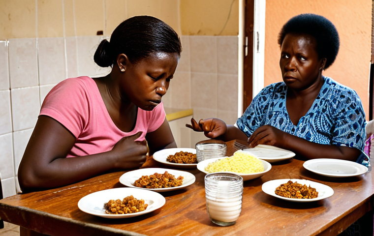 **Image Prompt for Household Economic Struggles**:
   "A family in Guinea struggling with their finances at home. Show a kitchen table with bills and empty plates, illustrating the stress of rising food prices. The family members should display expressions of concern and uncertainty, highlighting the economic pressure they face daily."