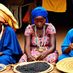 **Image Prompt:** A vibrant marketplace scene in Guinea. Focus on Fula women in colorful, heavily embroidered traditional dresses and gold jewelry, interacting with Malinke artisans displaying indigo-dyed textiles and amulets. Capture the energy and detail of the fabrics, showcasing the cultural significance of the clothing and textiles.