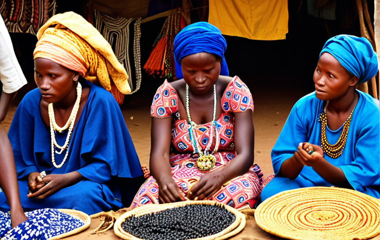 **Image Prompt:** A vibrant marketplace scene in Guinea. Focus on Fula women in colorful, heavily embroidered traditional dresses and gold jewelry, interacting with Malinke artisans displaying indigo-dyed textiles and amulets. Capture the energy and detail of the fabrics, showcasing the cultural significance of the clothing and textiles.