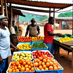 **

A vibrant market scene in Guinea, showcasing a diverse array of locally grown fruits and vegetables. Small farmers are interacting with customers, displaying a mix of traditional farming tools and some modern equipment. The overall atmosphere is lively and colorful, emphasizing the potential of the agricultural sector with some visible challenges.

**