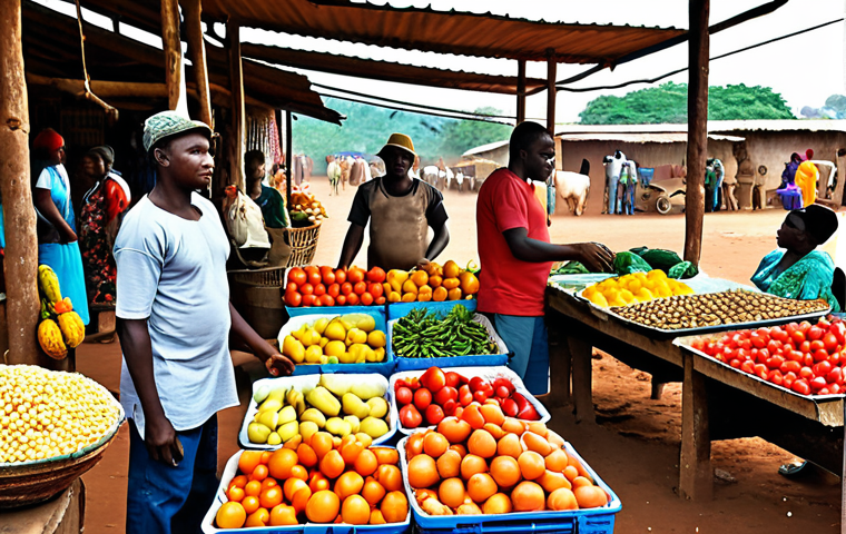 **

A vibrant market scene in Guinea, showcasing a diverse array of locally grown fruits and vegetables. Small farmers are interacting with customers, displaying a mix of traditional farming tools and some modern equipment. The overall atmosphere is lively and colorful, emphasizing the potential of the agricultural sector with some visible challenges.

**